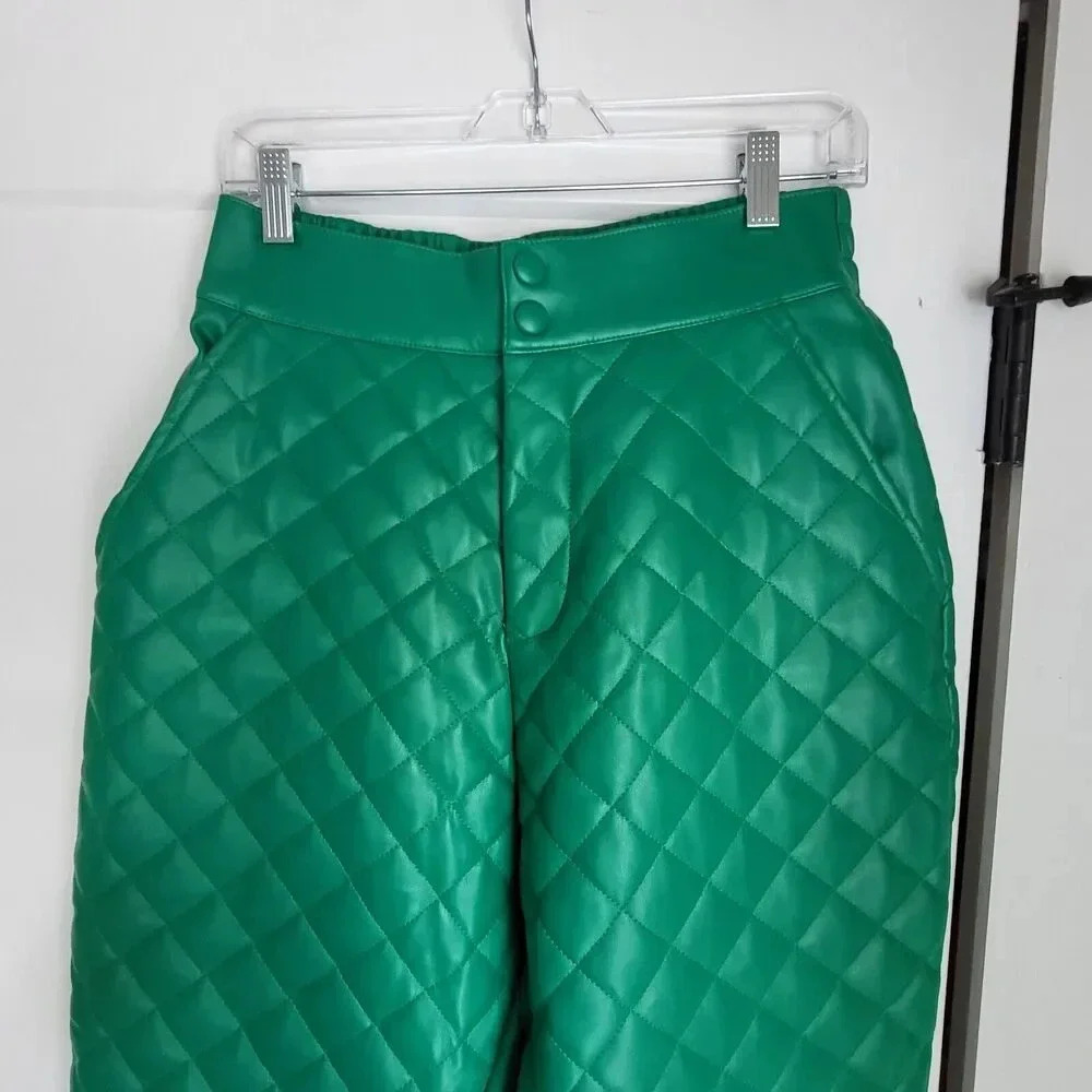 Maniere De Voir VEGAN LEATHER QUILTED JOGGERS Green Sz 8 Medium - Picture 9 of 16